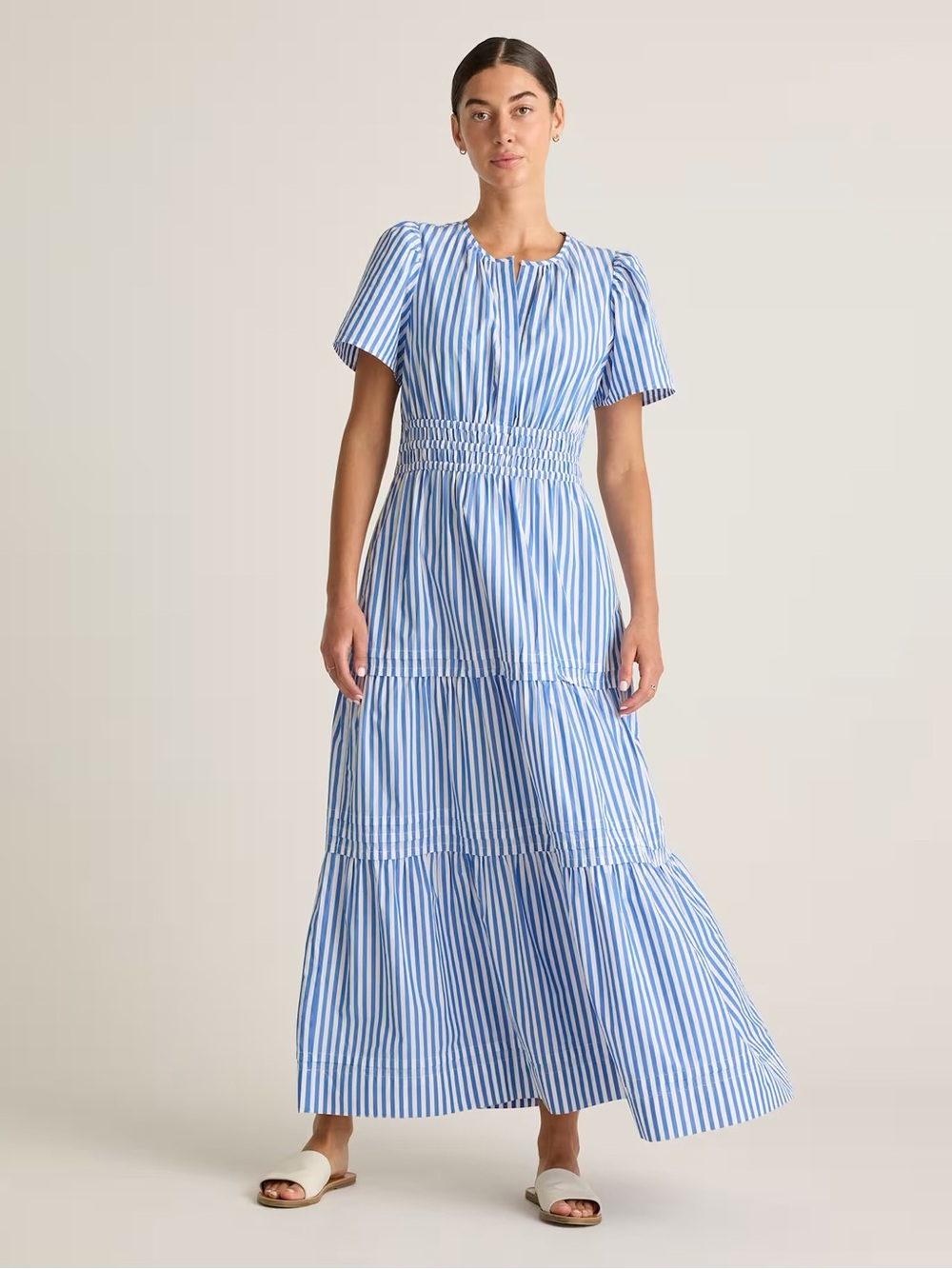 Quince Blue White Azure Stripe Organic Cotton Poplin Tiered Maxi Dress Large - Picture 2 of 16